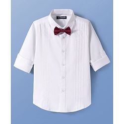 Pine Kids Cotton Woven Full Sleeves Party Shirt Solid Colour With Bow - White