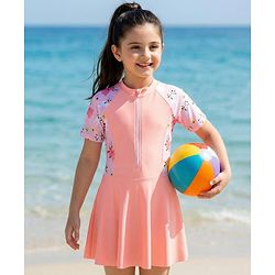 Pine Kids Half Raglan Sleeves Frock Swimsuit With Animal Print - Peach