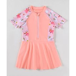 Pine Kids Half Raglan Sleeves Frock Swimsuit With Animal Print - Peach