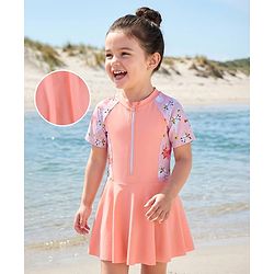 Pine Kids Half Raglan Sleeves Frock Swimsuit With Animal Print - Peach