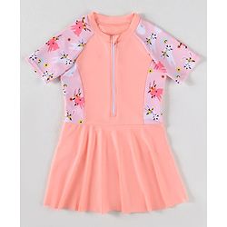 Pine Kids Half Raglan Sleeves Frock Swimsuit With Animal Print - Peach