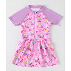 Pine Kids Half Raglan Sleeves Frock Swimsuit with Little Princess Print - Pink