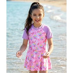 Pine Kids Half Raglan Sleeves Frock Swimsuit with Little Princess Print - Pink