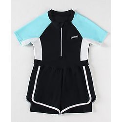 Pine Kids Half Raglan Sleeves Legged Swimsuit With Color Block Design - Black