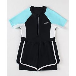 Pine Kids Half Raglan Sleeves Legged Swimsuit With Color Block Design - Black