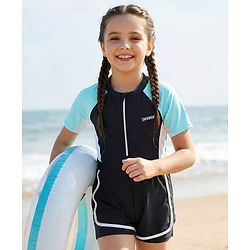 Pine Kids Half Raglan Sleeves Legged Swimsuit With Color Block Design - Black