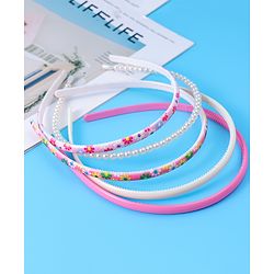 Pine Kids Hair Bands with Pearls & Floral Print Pack Of 5 - White & Pink