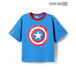 Pine Kids Marvel Terry Knit Half Sleeve Drop Shoulder T-Shirt With Captain America Graphic - Blue