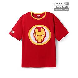 Pine Kids Marvel Terry Knit Half Sleeves Drop Shoulder Light Oversize T-Shirt With Iron Man Graphic & Gold Foil Detailing - Red