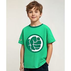 Pine Kids Marvel Terry Knit Half Sleeve Drop Shoulder T-Shirt With Hulk Graphic & Gold Foil Detailing - Green