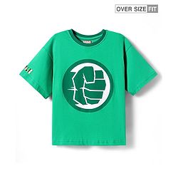 Pine Kids Marvel Terry Knit Half Sleeve Drop Shoulder T-Shirt With Hulk Graphic & Gold Foil Detailing - Green