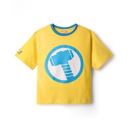 Pine Kids Marvel  Terry Knit Half Drop Shoulder Sleeves T-Shirt with Thor Graphic Gold Foil Detailing - Yellow