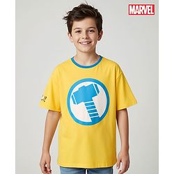 Pine Kids Marvel  Terry Knit Half Drop Shoulder Sleeves T-Shirt with Thor Graphic Gold Foil Detailing - Yellow