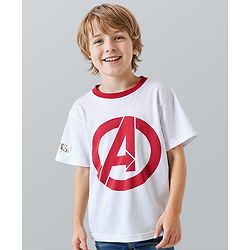 Pine Kids Marvel Light Terry Knit Half Drop Shoulder Sleeves Oversized T-Shirt with Avengers Graphics & Gold Foil Detailing - White