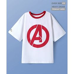 Pine Kids Marvel Light Terry Knit Half Drop Shoulder Sleeves Oversized T-Shirt with Avengers Graphics & Gold Foil Detailing - White