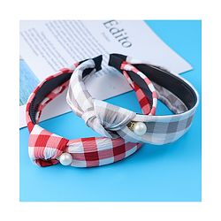 Pine Kids Free Size Hair Bands With Checks Print & Pearl Detailing Pack Of 2 - Red & Beige