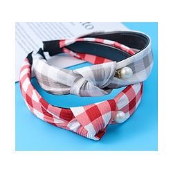 Pine Kids Free Size Hair Bands With Checks Print & Pearl Detailing Pack Of 2 - Red & Beige