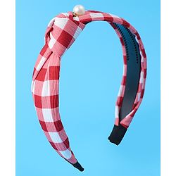 Pine Kids Free Size Hair Bands With Checks Print & Pearl Detailing Pack Of 2 - Red & Beige