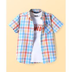 Pine Kids Cotton Woven Half Sleeves Checks Shirt With Printed T-Shirt - Light Blue & White