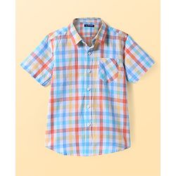 Pine Kids Cotton Woven Half Sleeves Checks Shirt With Printed T-Shirt - Light Blue & White