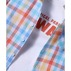 Pine Kids Cotton Woven Half Sleeves Checks Shirt With Printed T-Shirt - Light Blue & White