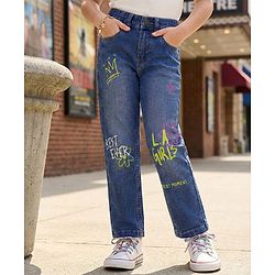 Pine Kids Denim Woven Full Length Washed Jeans With Text Print - Blue