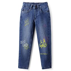 Pine Kids Denim Woven Full Length Washed Jeans With Text Print - Blue