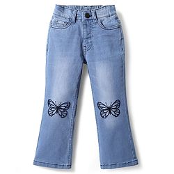 Pine Kids Denim Woven Full Length Washed Jeans With Butterfly Embroidery - Blue