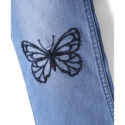 Pine Kids Denim Woven Full Length Washed Jeans With Butterfly Embroidery - Blue