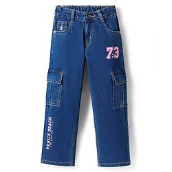 Pine Kids Denim Woven Full Length Jeans with Venice Beach Text Print - Navy Blue