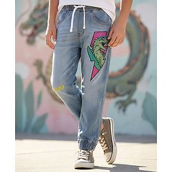 Pine Kids Denim Full Length Washed Jeans With Dino Print - Light Blue.