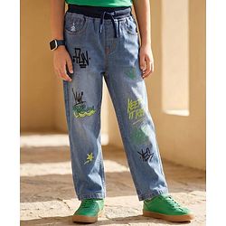 Pine Kids Woven Full Length Washed Denim Jeans With Text Print - Blue