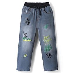 Pine Kids Woven Full Length Washed Denim Jeans With Text Print - Blue
