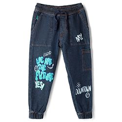 Pine Kids Denim Woven Full Length Washed Jeans With Text Print - Navy Blue