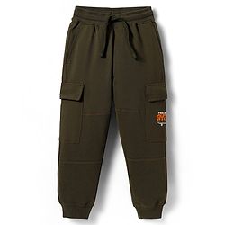 Pine Kids Cotton Knit Full Length Lounge Pant With Skating Print & Cargo Pockets - Olive Green