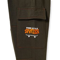 Pine Kids Cotton Knit Full Length Lounge Pant With Skating Print & Cargo Pockets - Olive Green