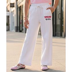 Pine Kids Cotton Knit Full Length Lounge Pants with WOW Girl Print - White