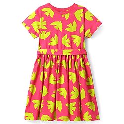 Pine Kids Cotton Knit Half Sleeves Frock with Birds Print - Dark Pink