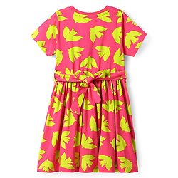 Pine Kids Cotton Knit Half Sleeves Frock with Birds Print - Dark Pink