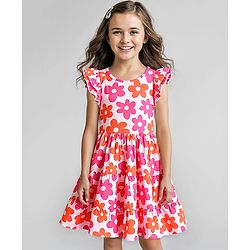 Pine Kids Cotton Knit Frill Sleeves Frock with Floral Print - White