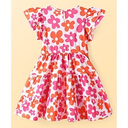Pine Kids Cotton Knit Frill Sleeves Frock with Floral Print - White