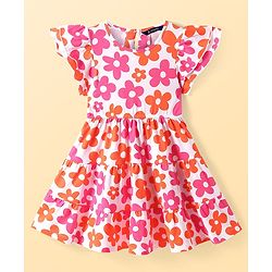 Pine Kids Cotton Knit Frill Sleeves Frock with Floral Print - White