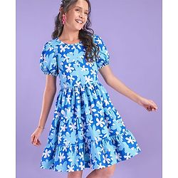 Pine Kids Cotton Knit Half Puffed Sleeves Frock with Floral Print - White & Blue