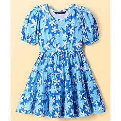 Pine Kids Cotton Knit Half Puffed Sleeves Frock with Floral Print - White & Blue