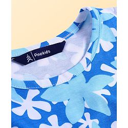 Pine Kids Cotton Knit Half Puffed Sleeves Frock with Floral Print - White & Blue