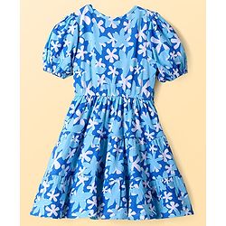 Pine Kids Cotton Knit Half Puffed Sleeves Frock with Floral Print - White & Blue