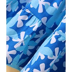 Pine Kids Cotton Knit Half Puffed Sleeves Frock with Floral Print - White & Blue