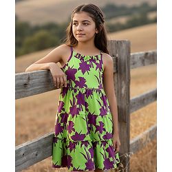 Pine Kids Cotton Knit Singlet Sleeves Frock with Floral Print - Green