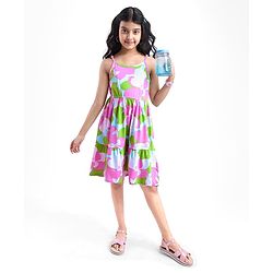 Pine Kids Cotton Knit Singlet Sleeves Frock with Floral Print - Purple