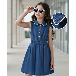 Pine Kids Cotton Woven Sleeveless Solid Color Frock with Lace Detailing - Blue